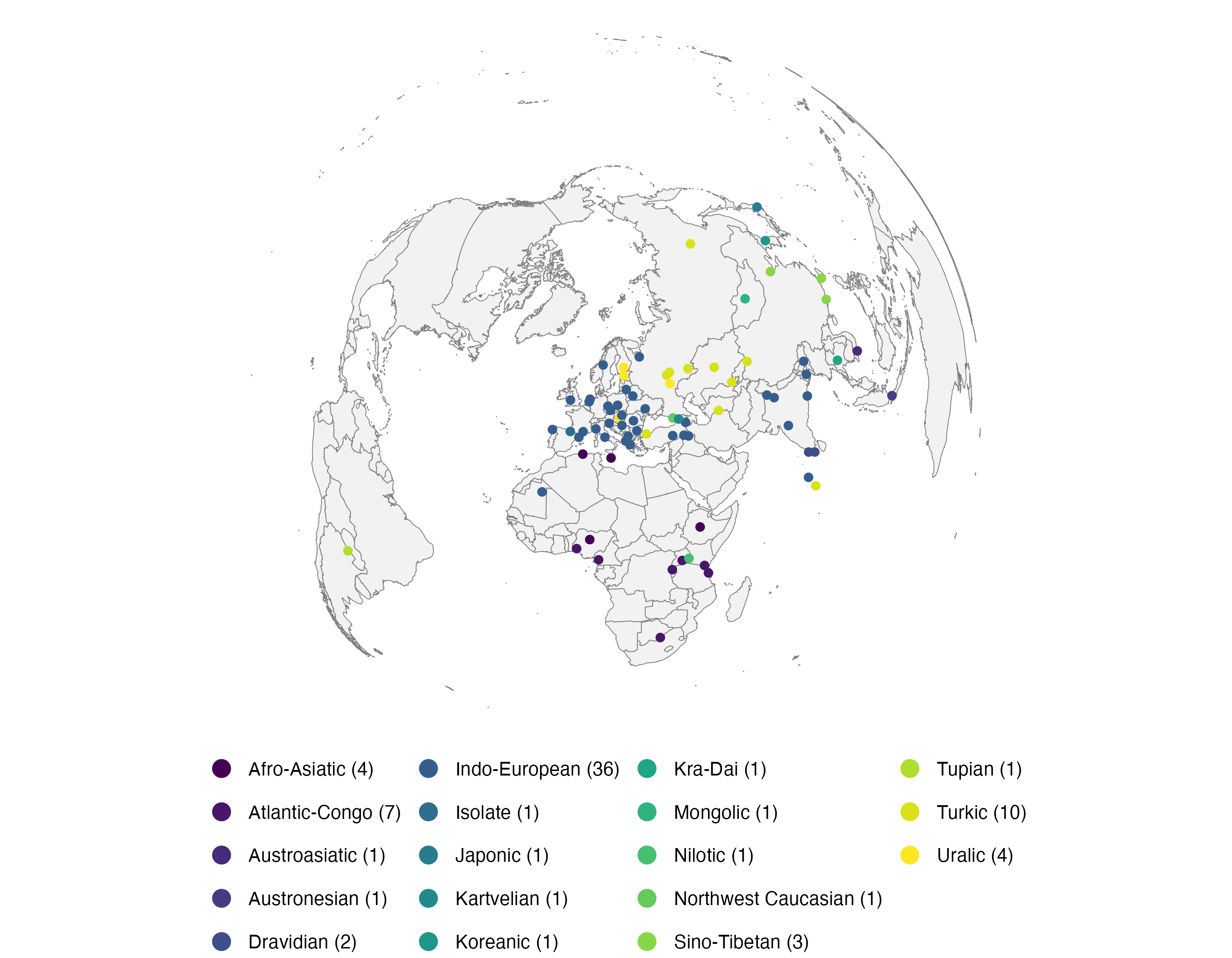 Map of the 67 languages in the final dataset.